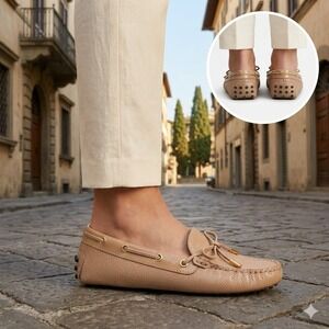 Tods Gommino Driving Loafers Nude Textured Leather Bow Women 36 Made in Italy